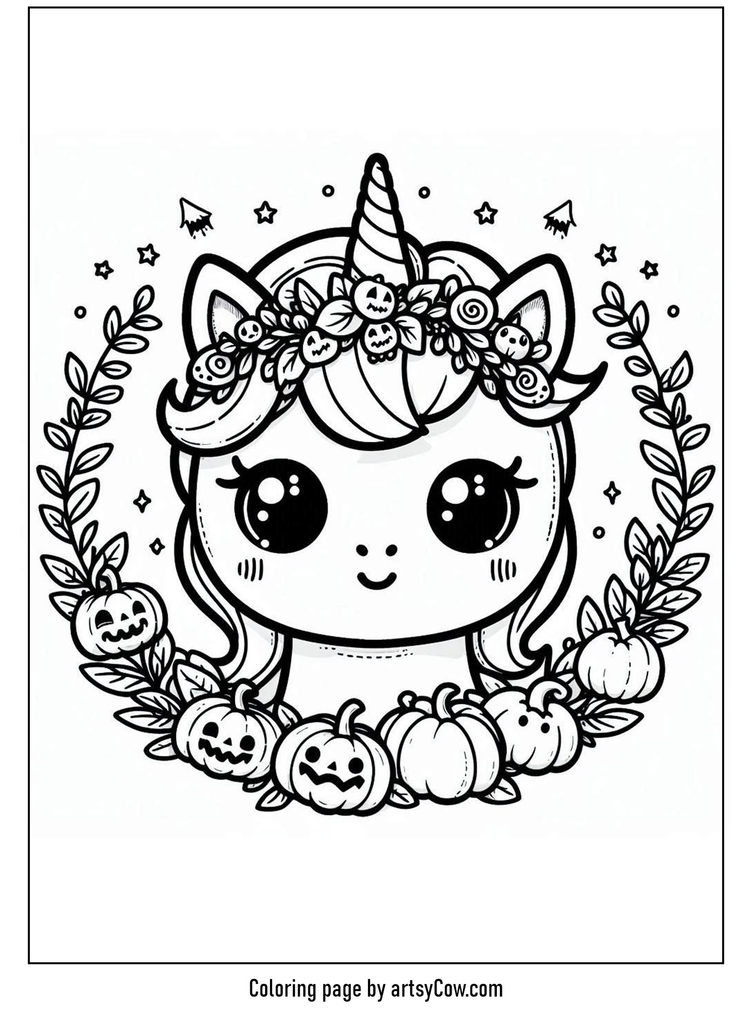Halloween coloring pages with unicorn 2 featuring a cute unicorn adorned with a Halloween wreath of pumpkins and leaves.